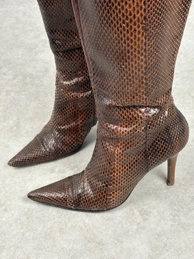 2000s Dolce & Gabbana Brown Python Leather Knee-High Heeled Boots OfYETSU 4