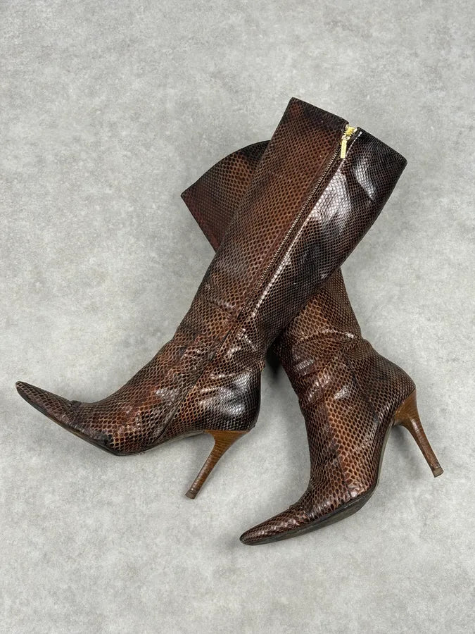 2000s Dolce & Gabbana Brown Python Leather Knee-High Heeled Boots OfYETSU 8