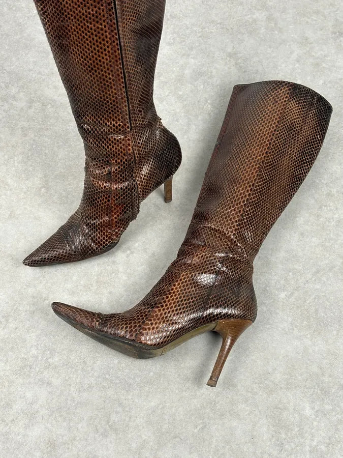 2000s Dolce & Gabbana Brown Python Leather Knee-High Heeled Boots OfYETSU 7