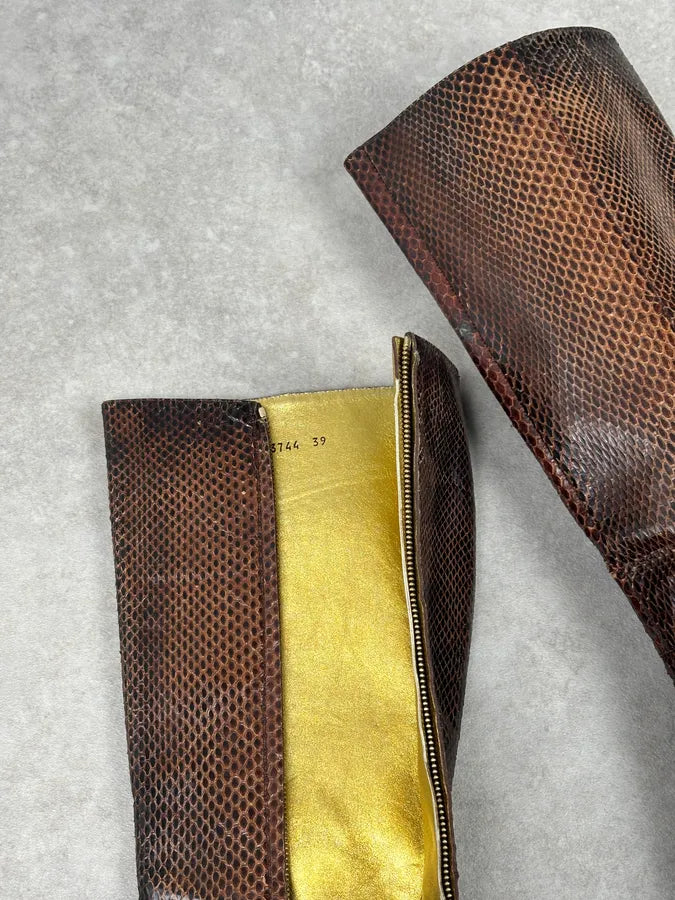 2000s Dolce & Gabbana Brown Python Leather Knee-High Heeled Boots OfYETSU 15