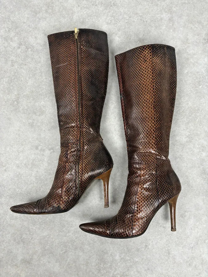 2000s Dolce & Gabbana Brown Python Leather Knee-High Heeled Boots OfYETSU 2