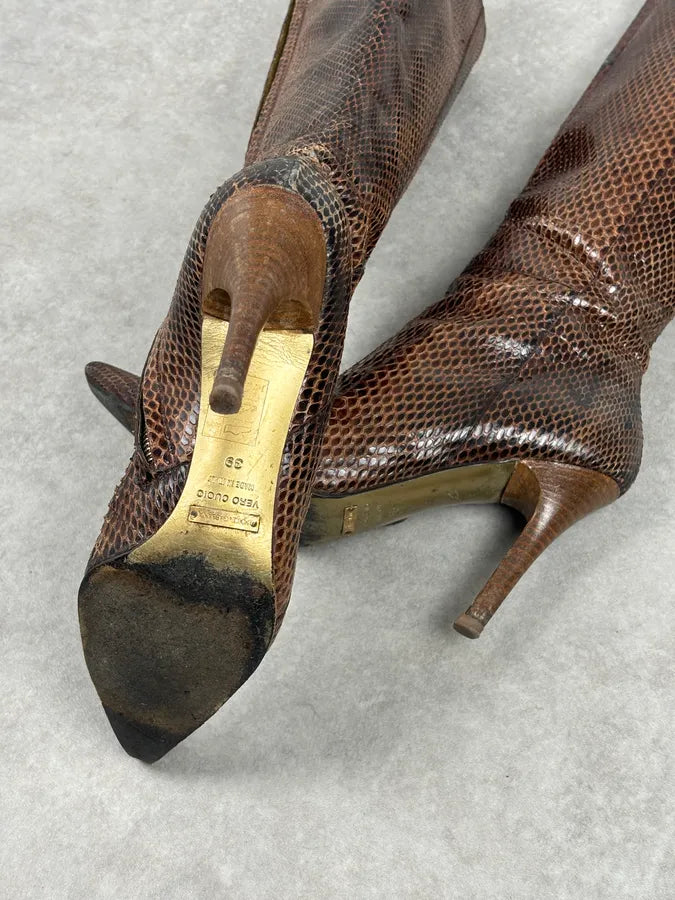2000s Dolce & Gabbana Brown Python Leather Knee-High Heeled Boots OfYETSU 11