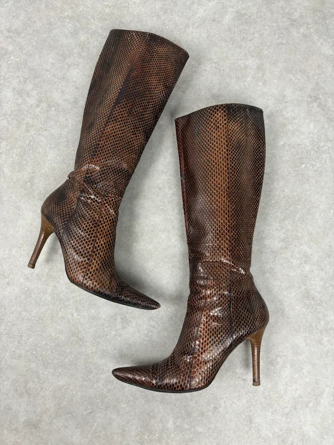 2000s Dolce & Gabbana Brown Python Leather Knee-High Heeled Boots OfYETSU 6