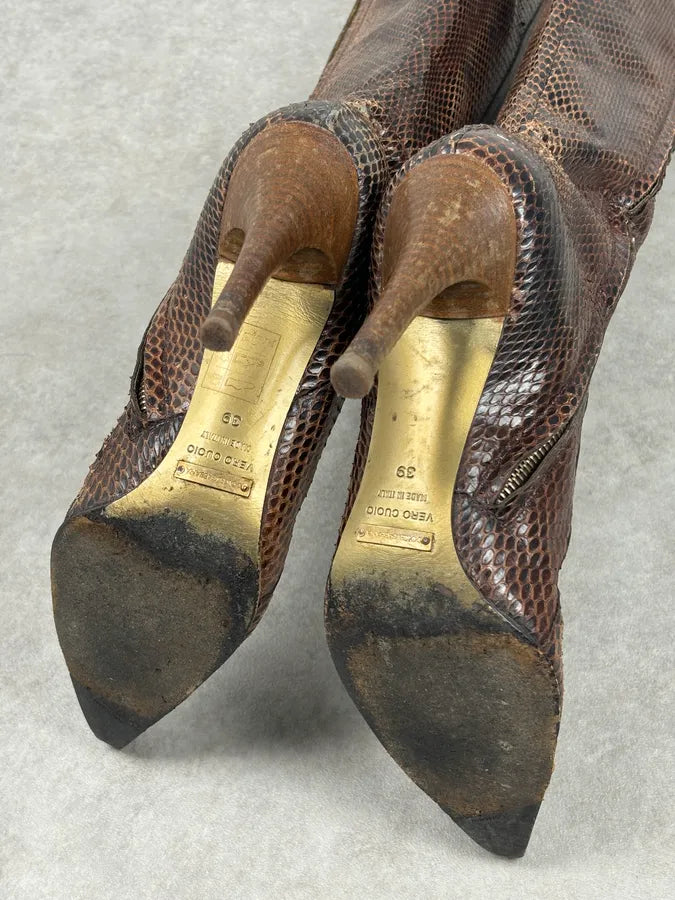 2000s Dolce & Gabbana Brown Python Leather Knee-High Heeled Boots OfYETSU 12