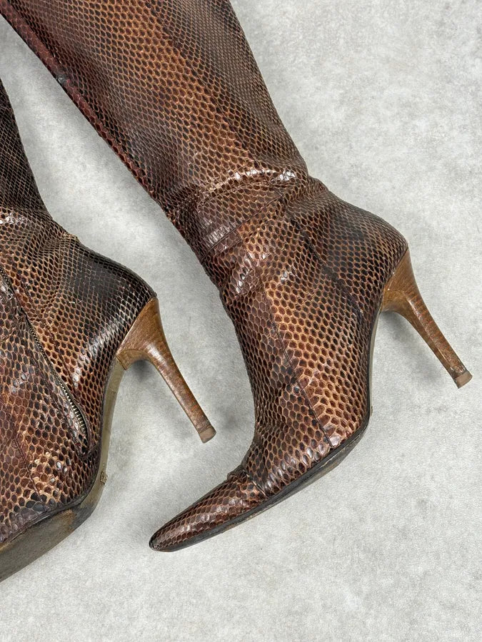 2000s Dolce & Gabbana Brown Python Leather Knee-High Heeled Boots OfYETSU 5