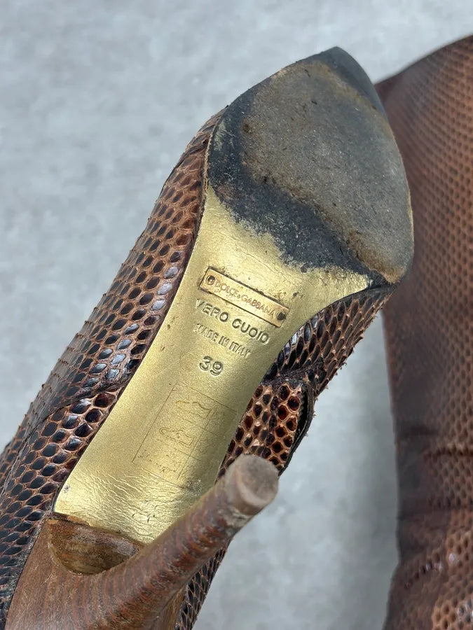 2000s Dolce & Gabbana Brown Python Leather Knee-High Heeled Boots OfYETSU 13