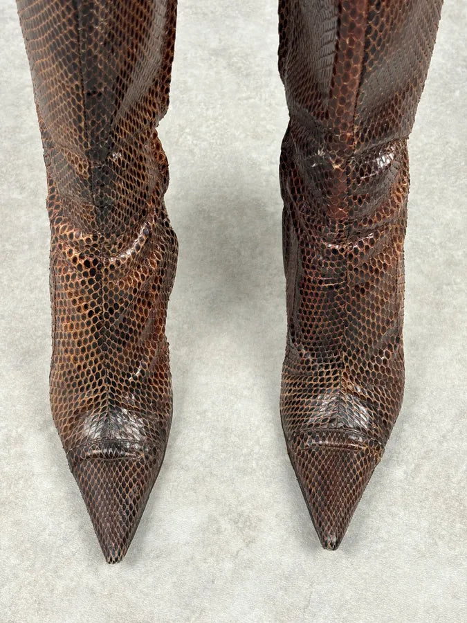 2000s Dolce & Gabbana Brown Python Leather Knee-High Heeled Boots OfYETSU 3