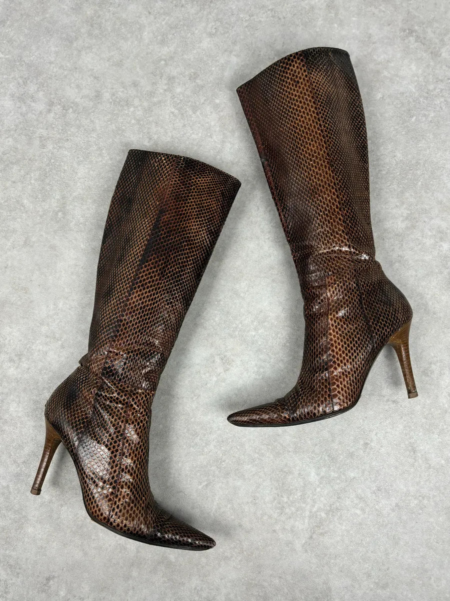 2000s Dolce & Gabbana Brown Python Leather Knee-High Heeled Boots OfYETSU 1