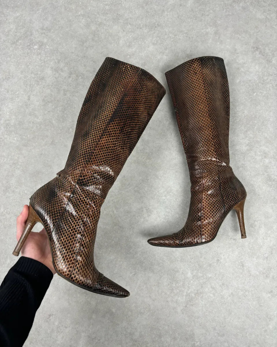 2000s Dolce & Gabbana Brown Python Leather Knee-High Heeled Boots OfYETSU 0