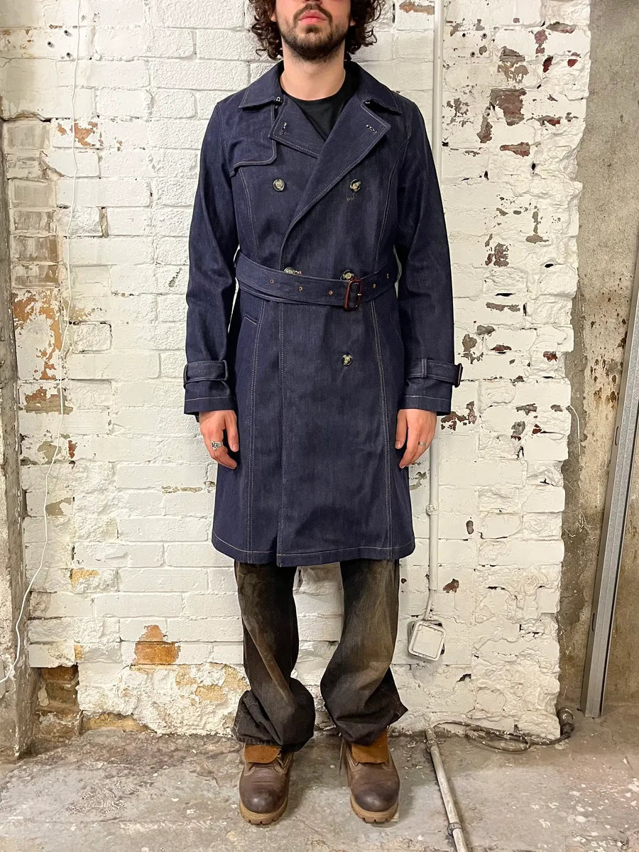 Vintage Double-Breasted Belted Navy Denim Trench Coat hYsaoUT 0