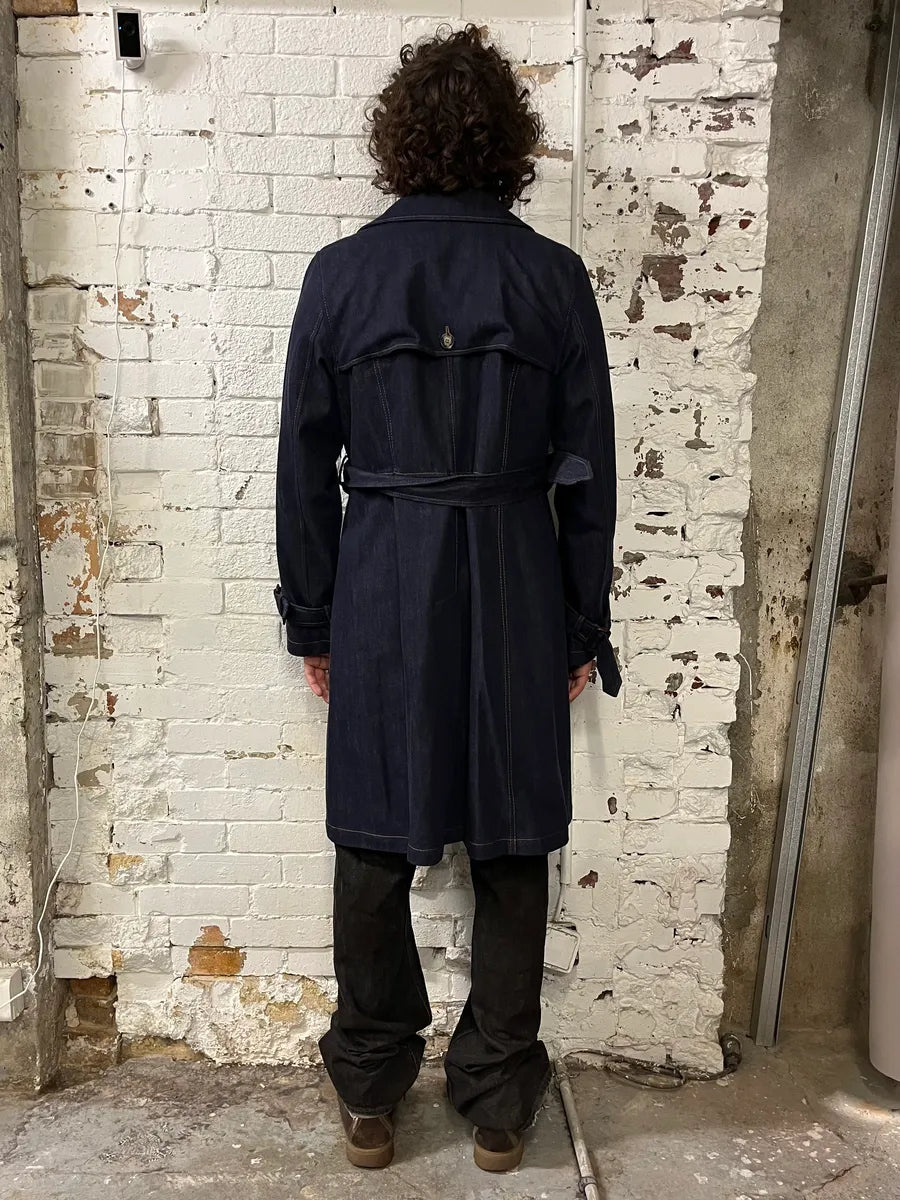 Vintage Double-Breasted Belted Navy Denim Trench Coat hYsaoUT 1
