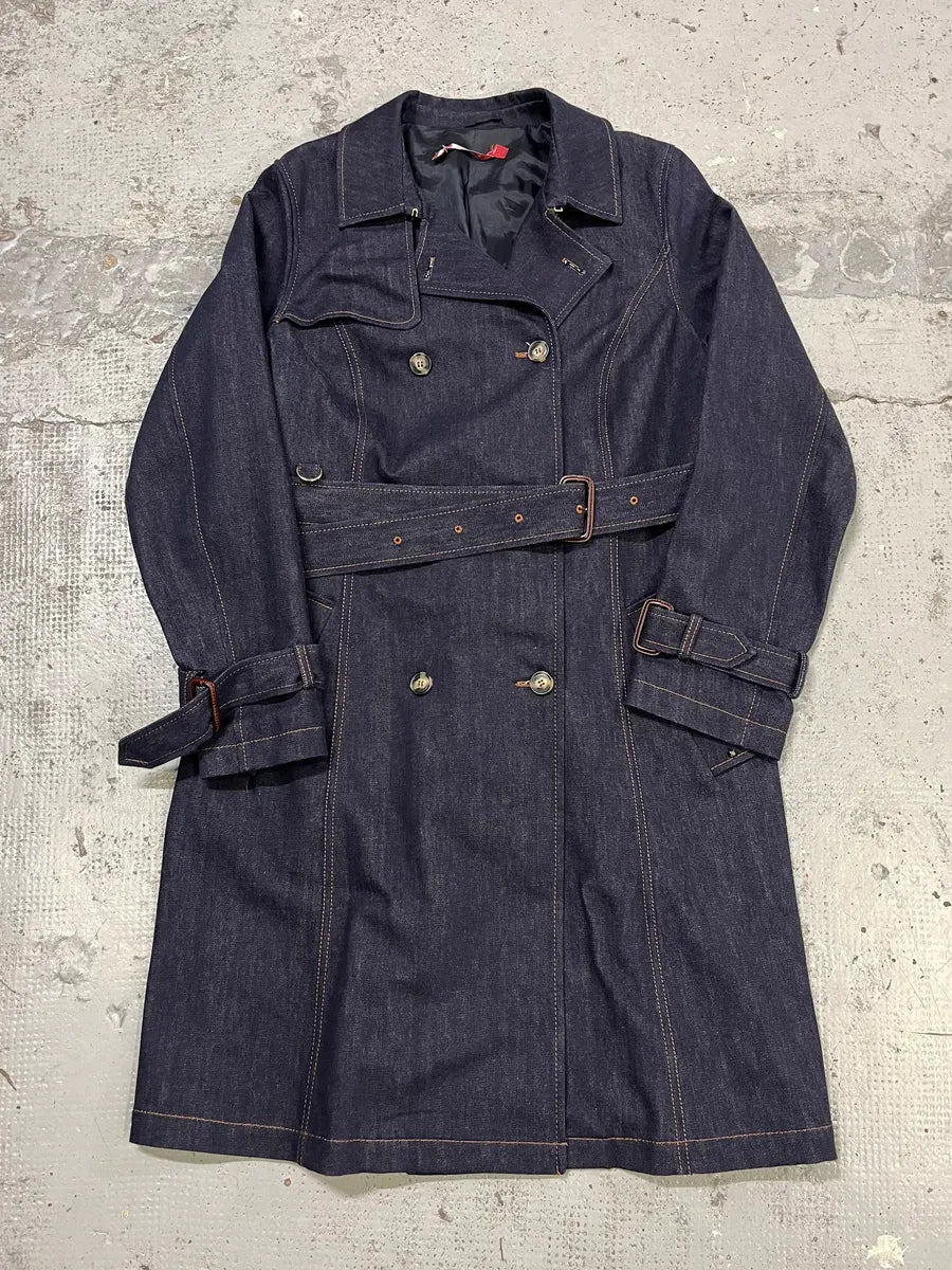 Vintage Double-Breasted Belted Navy Denim Trench Coat hYsaoUT 2