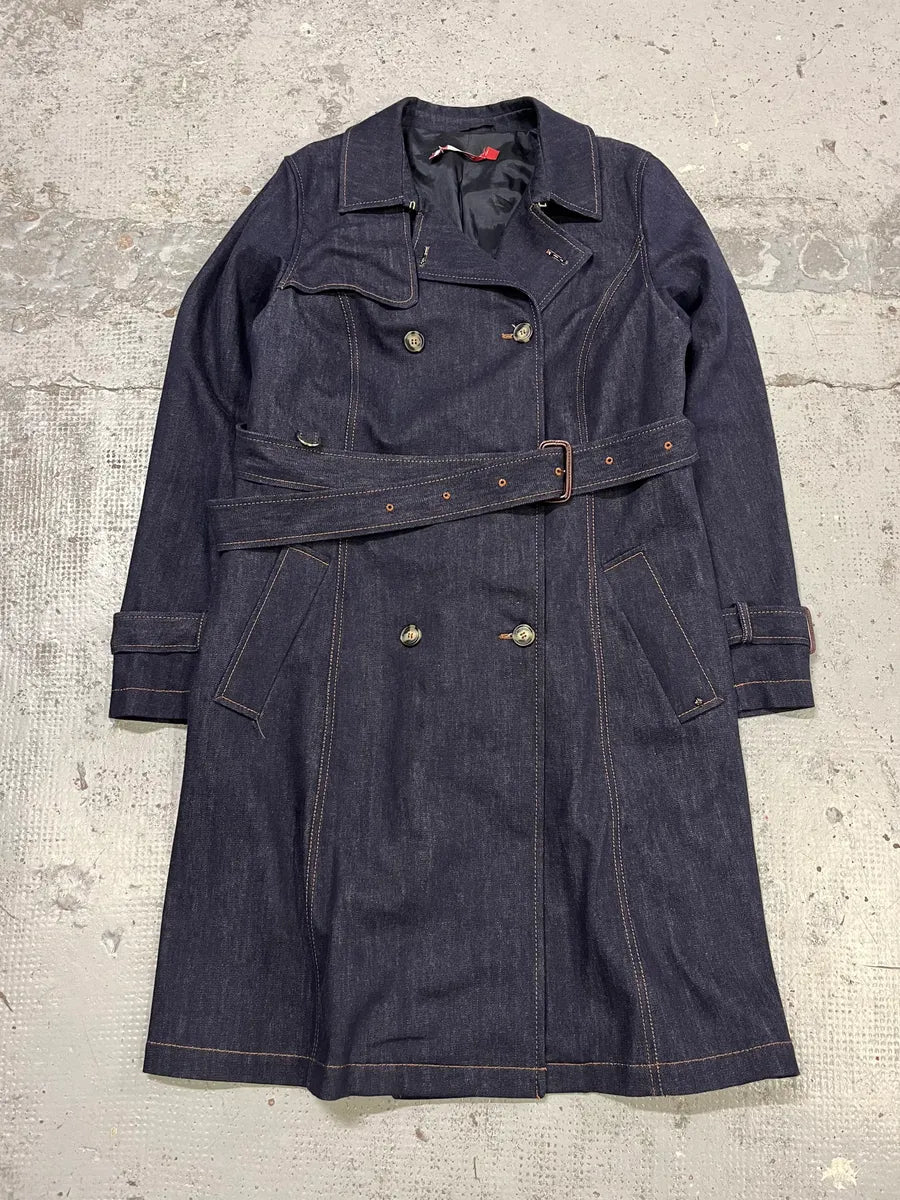 Vintage Double-Breasted Belted Navy Denim Trench Coat hYsaoUT 3
