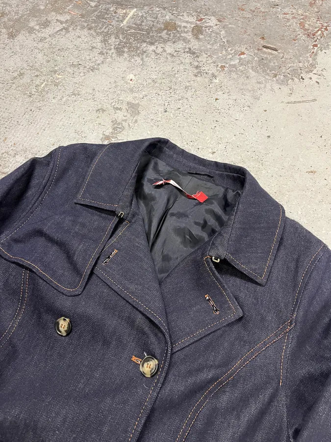 Vintage Double-Breasted Belted Navy Denim Trench Coat hYsaoUT 4