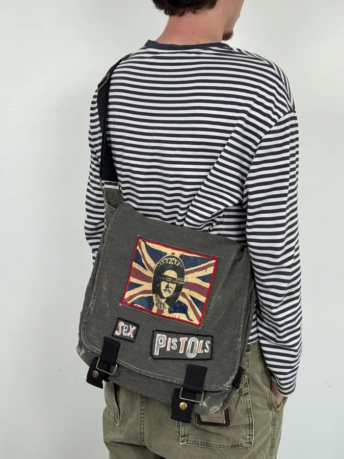 Vintage Grey Denim Sex Pistols Patch Messenger Bag HloRkVG 1