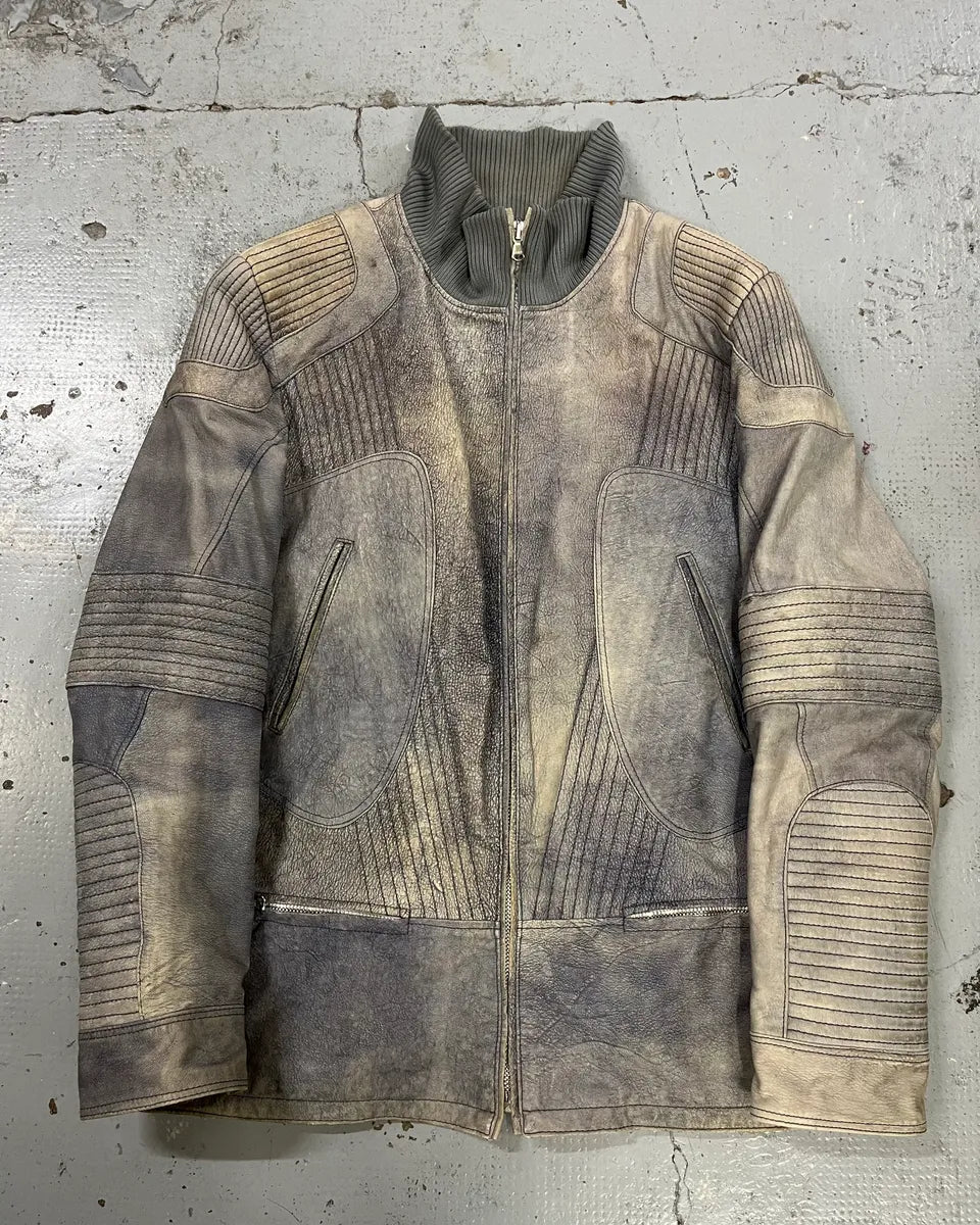 Vintage Grey Ribbed Sleeves Moto Leather Jacket BQwQatU 0