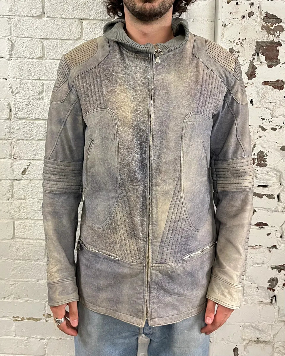 Vintage Grey Ribbed Sleeves Moto Leather Jacket BQwQatU 1