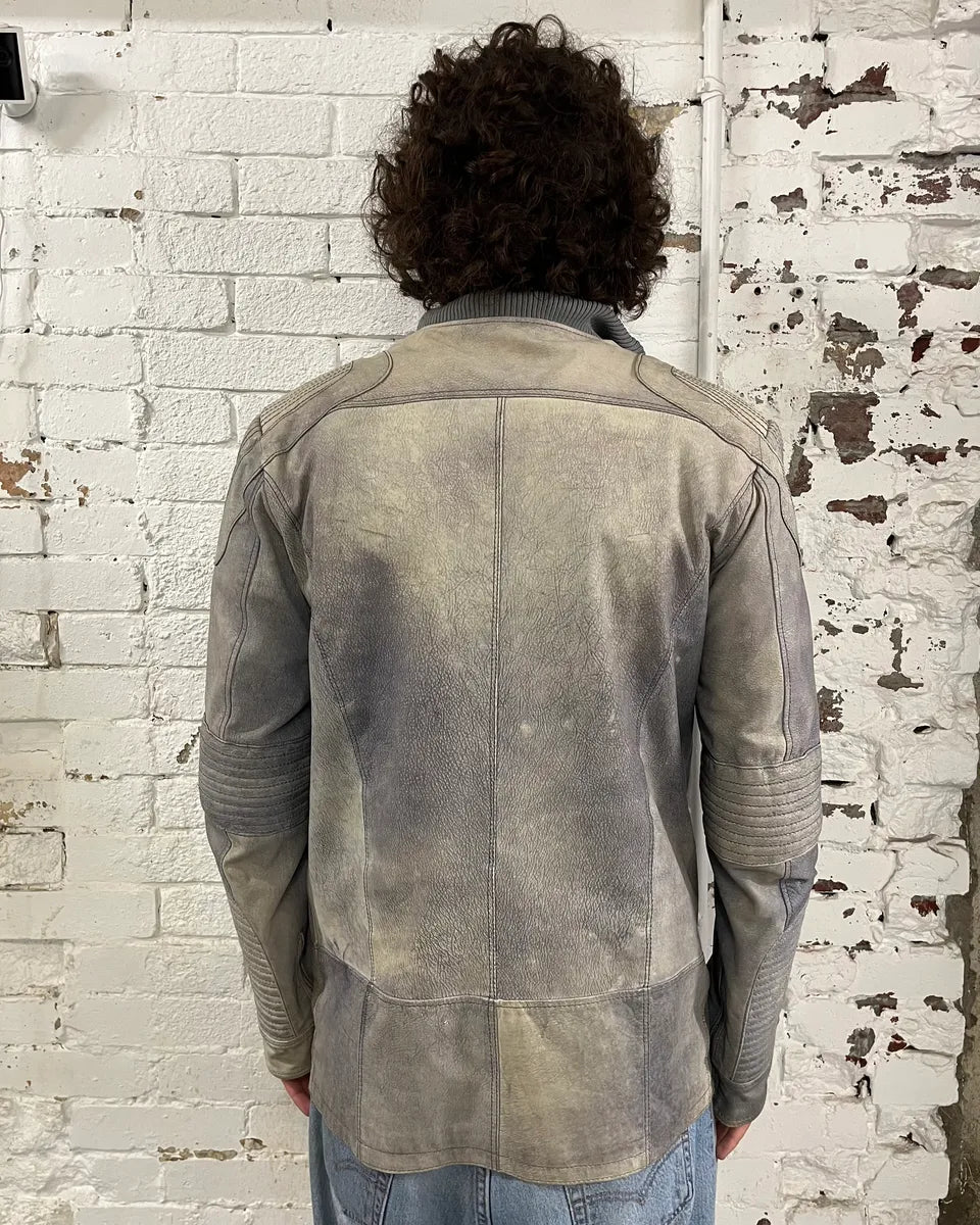 Vintage Grey Ribbed Sleeves Moto Leather Jacket BQwQatU 2