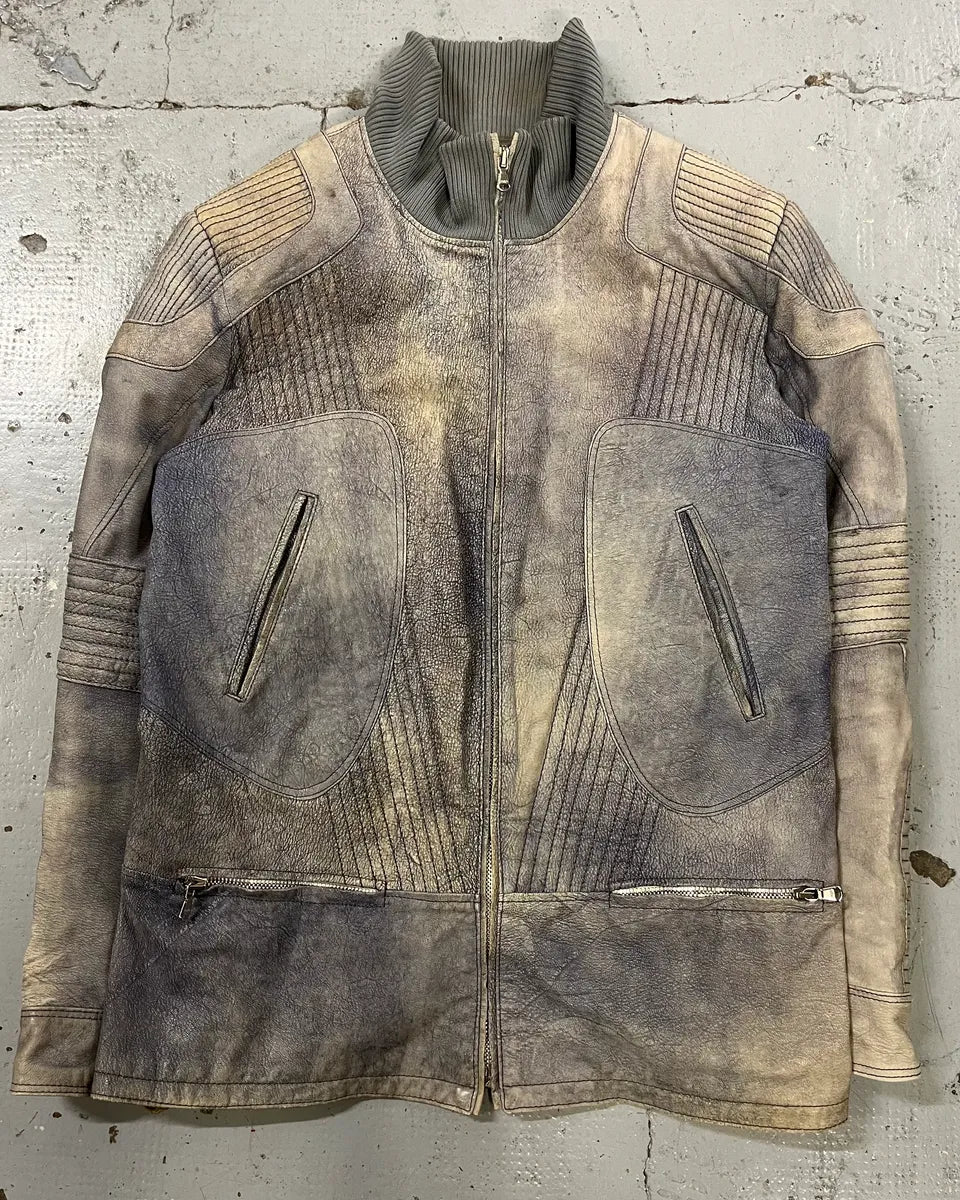Vintage Grey Ribbed Sleeves Moto Leather Jacket BQwQatU 3