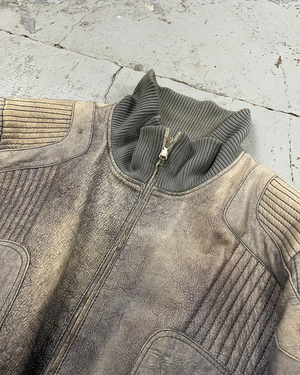 Vintage Grey Ribbed Sleeves Moto Leather Jacket BQwQatU 4