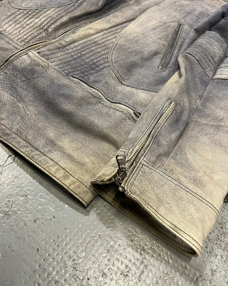 Vintage Grey Ribbed Sleeves Moto Leather Jacket BQwQatU 5