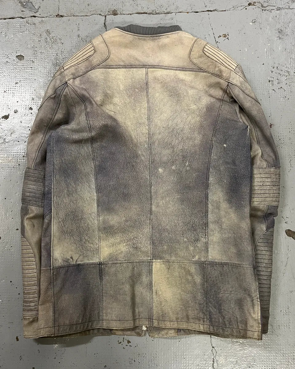 Vintage Grey Ribbed Sleeves Moto Leather Jacket BQwQatU 6