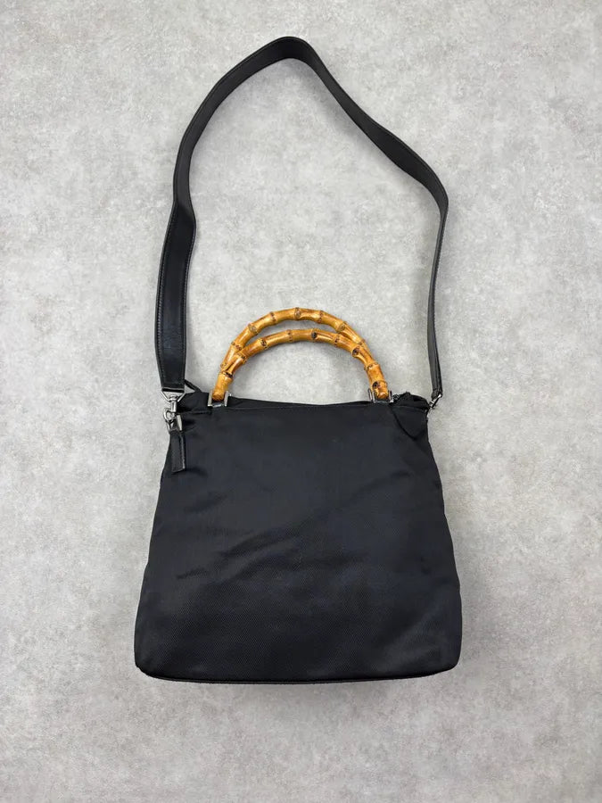 1990s Gucci Black Nylon Bamboo Handle Shoulder Bag by Tom Ford BPrYkIw 7