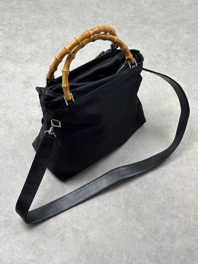 1990s Gucci Black Nylon Bamboo Handle Shoulder Bag by Tom Ford BPrYkIw 0