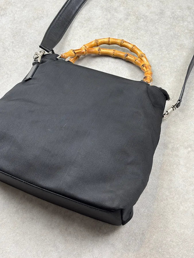 1990s Gucci Black Nylon Bamboo Handle Shoulder Bag by Tom Ford BPrYkIw 9