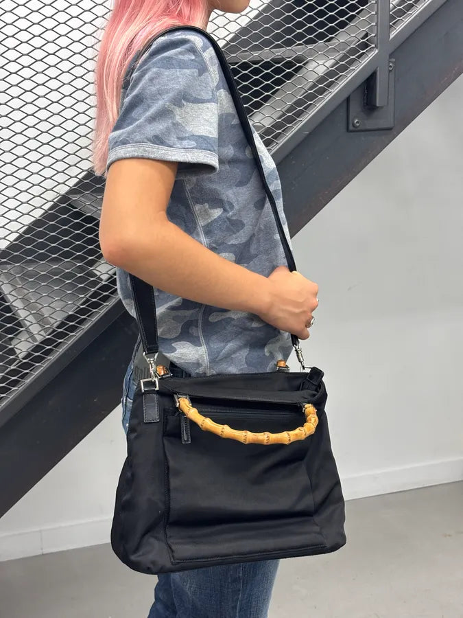 1990s Gucci Black Nylon Bamboo Handle Shoulder Bag by Tom Ford BPrYkIw 1
