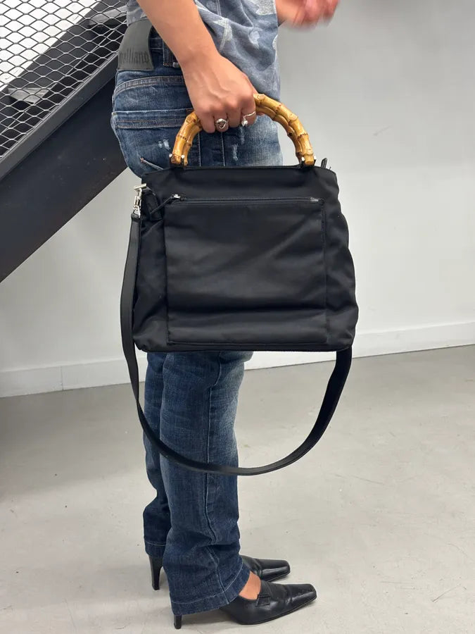 1990s Gucci Black Nylon Bamboo Handle Shoulder Bag by Tom Ford BPrYkIw 2