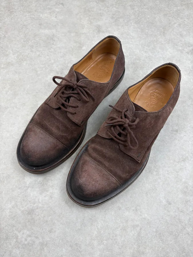 AW2007 Gucci Brown Suede Leather Derby Shoes WvHxiOu 2
