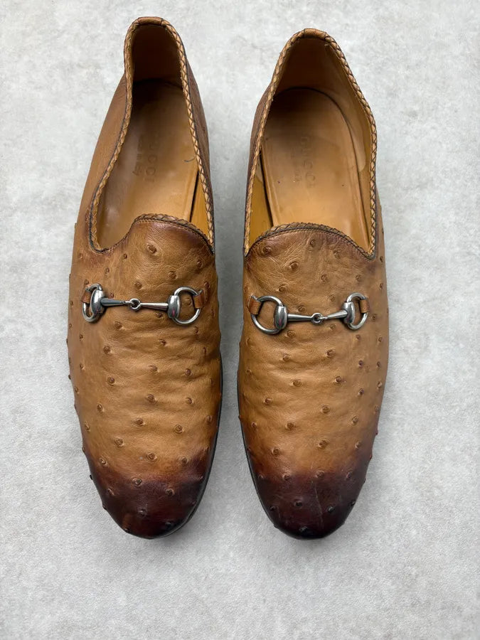 Gucci Cognac Oastrich Leather Horsebit Loafer Shoes IbgFNHP 1