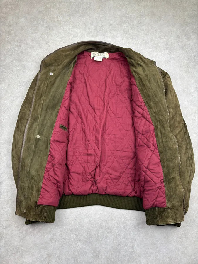 1980s Gucci Khaki Green Leather Bomber Jacket zNwIFVx 6