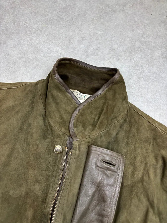 1980s Gucci Khaki Green Leather Bomber Jacket zNwIFVx 7
