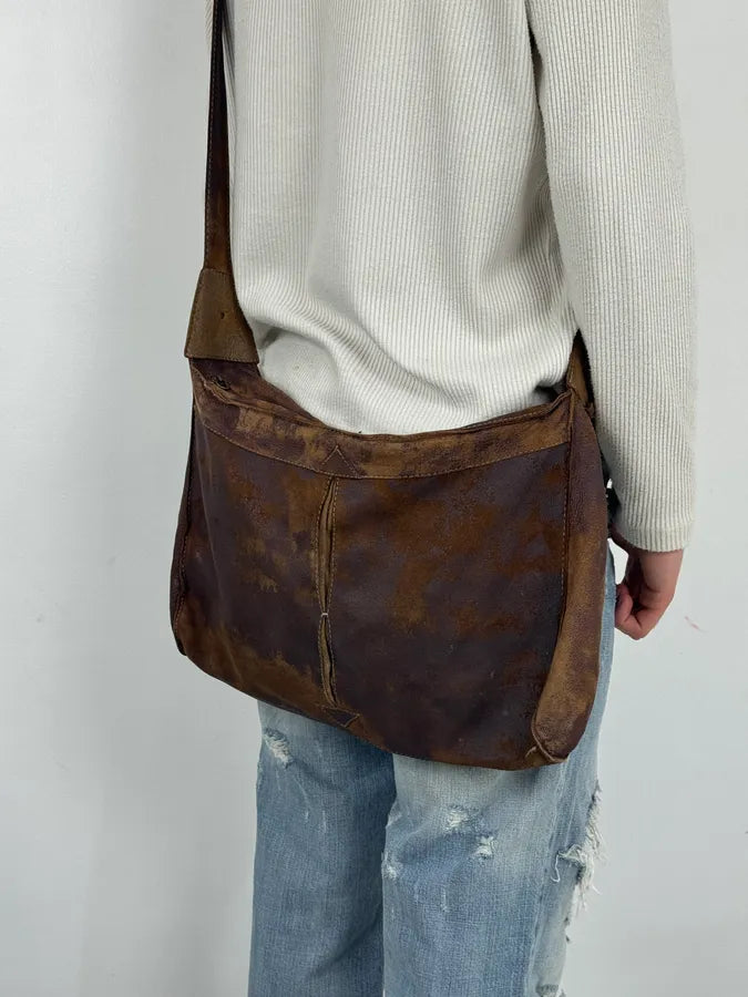 2000s Cavalli Brown Eroded Leather Shoulder Bag nefXajc 1