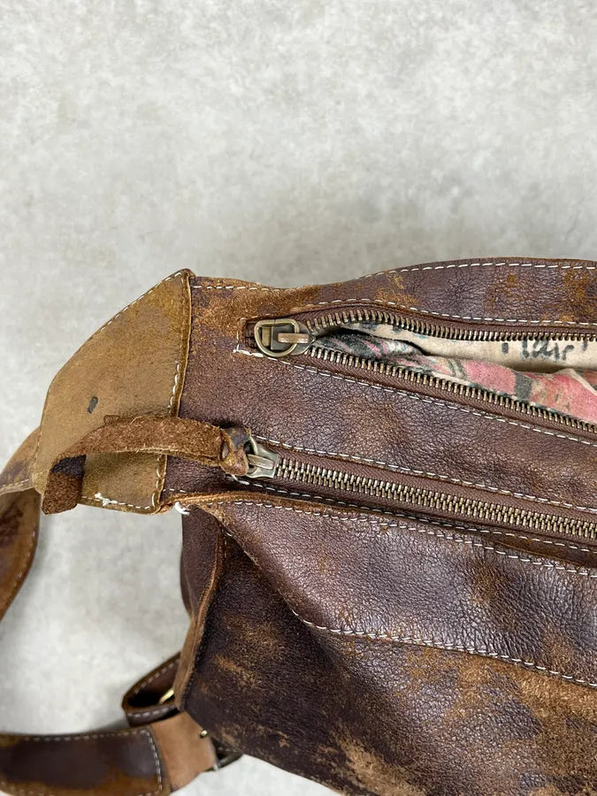 2000s Cavalli Brown Eroded Leather Shoulder Bag nefXajc 12