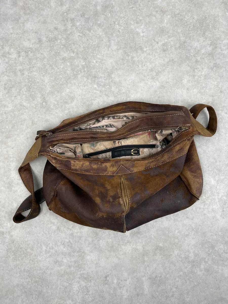 2000s Cavalli Brown Eroded Leather Shoulder Bag nefXajc 7