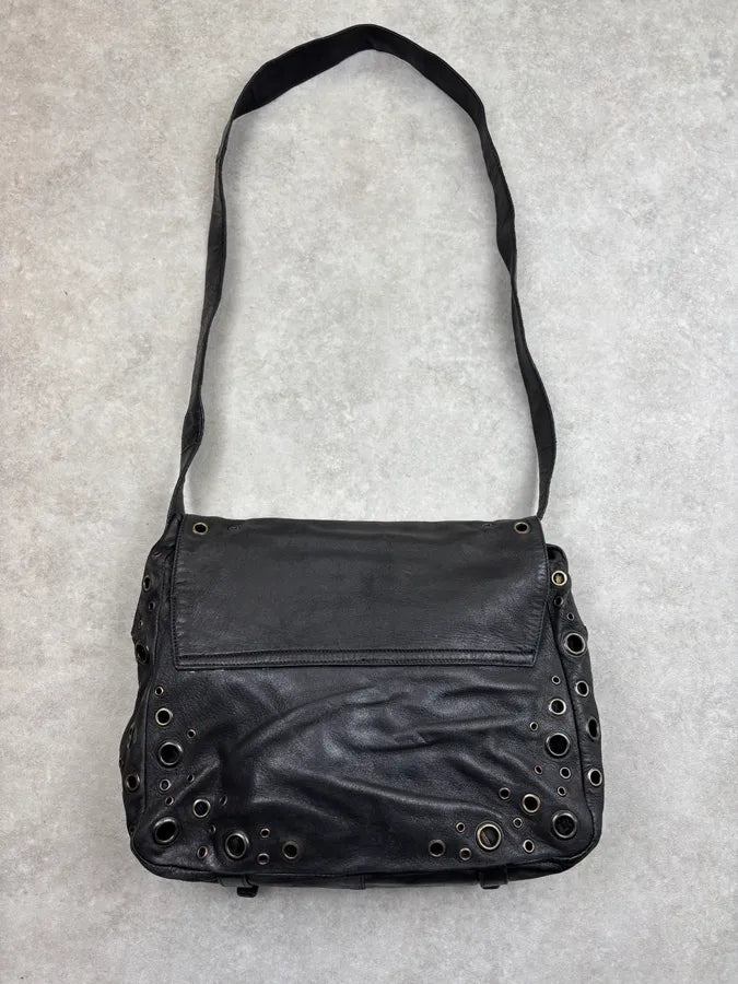 2000s Prada Black Leather Eyelet Messenger Bag  uEbqQBi 9