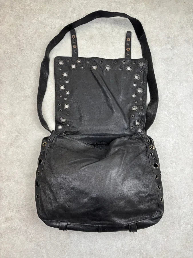 2000s Prada Black Leather Eyelet Messenger Bag  uEbqQBi 7