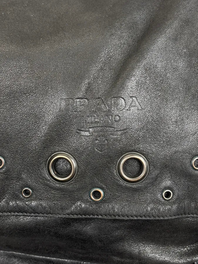 2000s Prada Black Leather Eyelet Messenger Bag  uEbqQBi 6