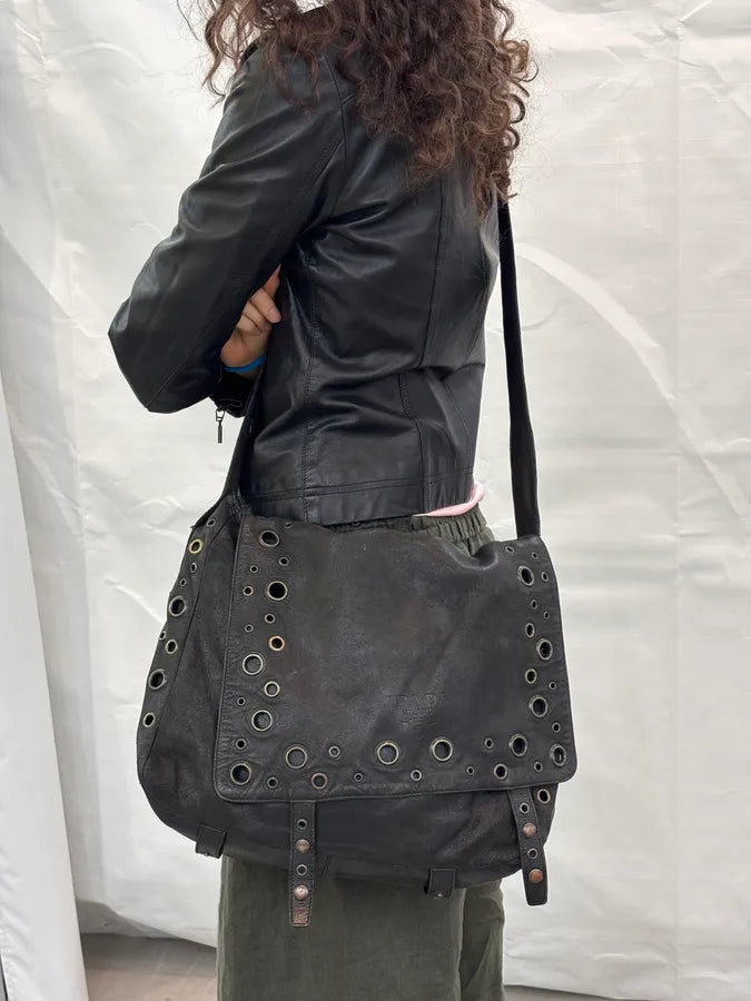 2000s Prada Black Leather Eyelet Messenger Bag  uEbqQBi 2