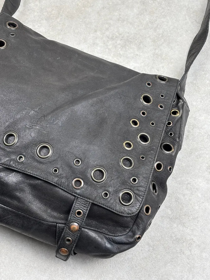 2000s Prada Black Leather Eyelet Messenger Bag  uEbqQBi 4