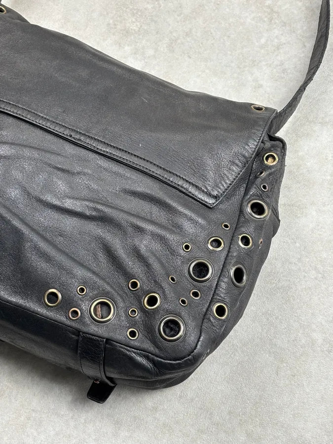 2000s Prada Black Leather Eyelet Messenger Bag  uEbqQBi 10