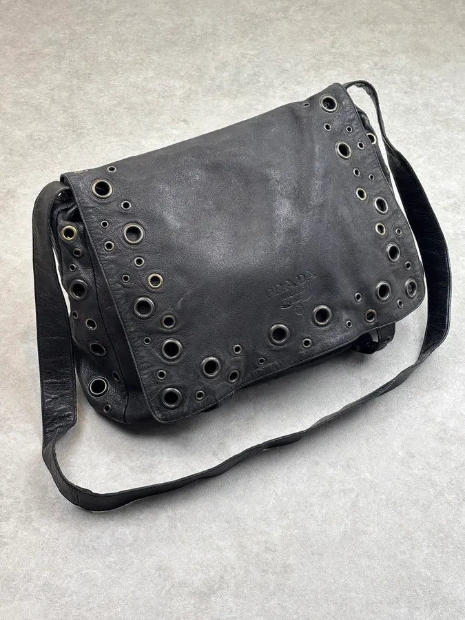 2000s Prada Black Leather Eyelet Messenger Bag  uEbqQBi 1
