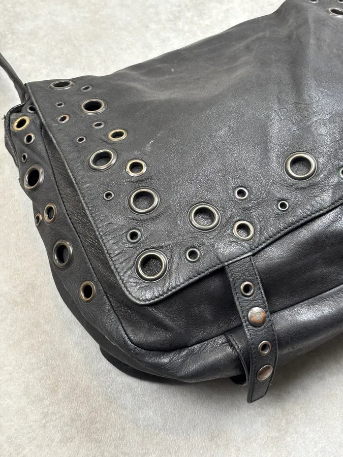 2000s Prada Black Leather Eyelet Messenger Bag  uEbqQBi 5