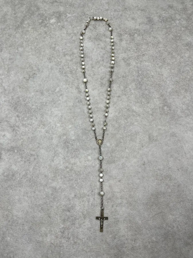 Vintage Rosary Cross Pendant White Necklace PzAbdjM 0