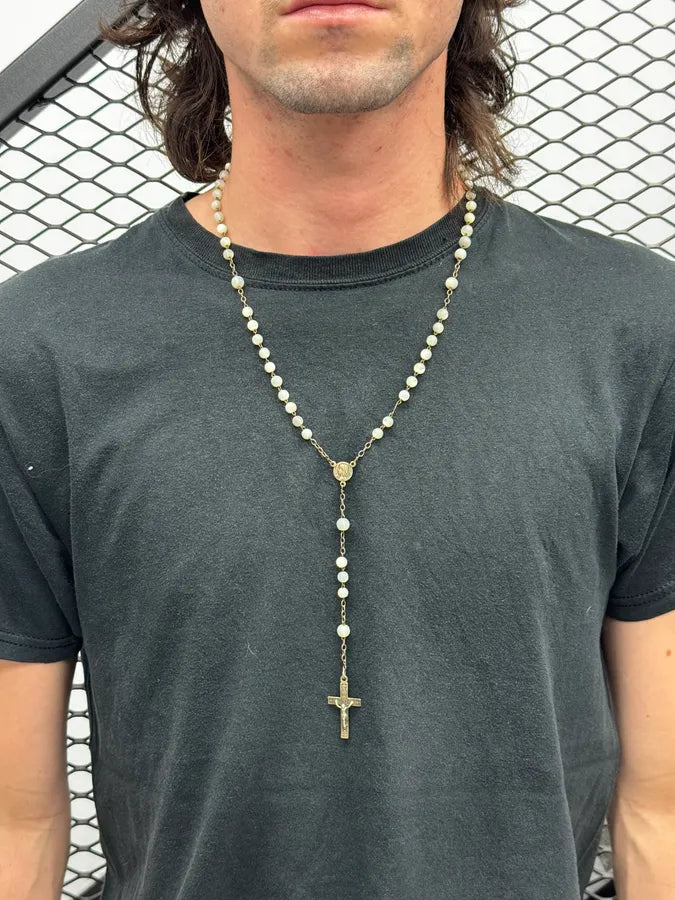 Vintage Rosary Cross Pendant White Necklace PzAbdjM 1