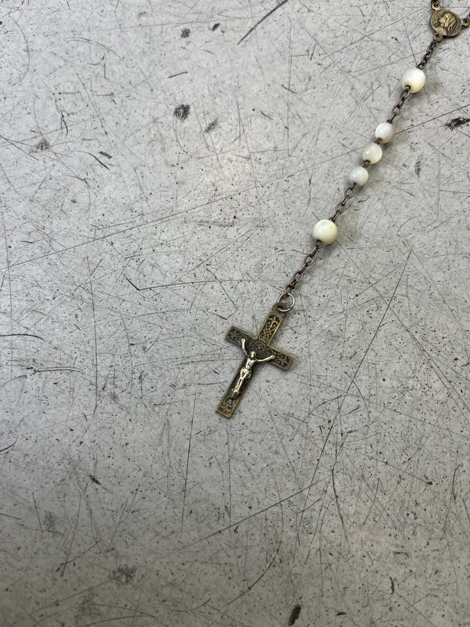 Vintage Rosary Cross Pendant White Necklace PzAbdjM 2