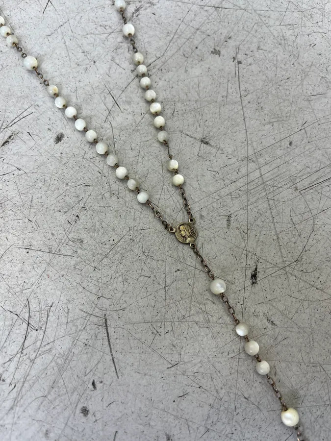 Vintage Rosary Cross Pendant White Necklace PzAbdjM 3